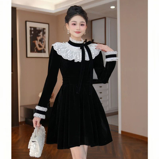 富家千金学院风黑色丝绒连衣裙约会漂亮超好看显瘦气质小礼服裙子