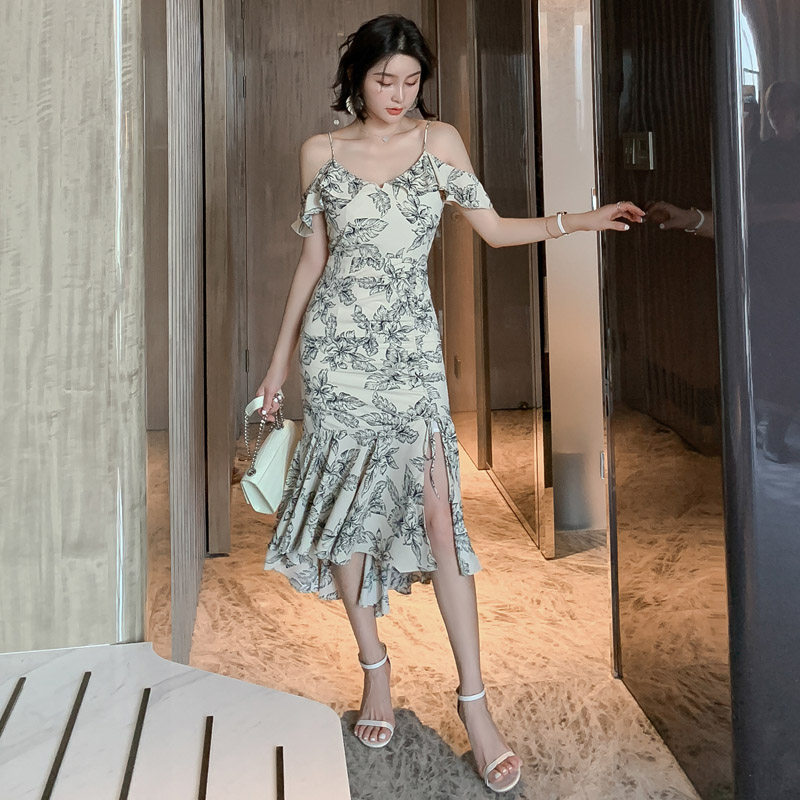 夏装简单晚礼服优雅淑女印花薄款图片