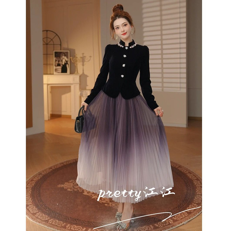 渐变设计师款千金风晚宴礼服连衣裙收腰立领高级感减龄显瘦长裙子