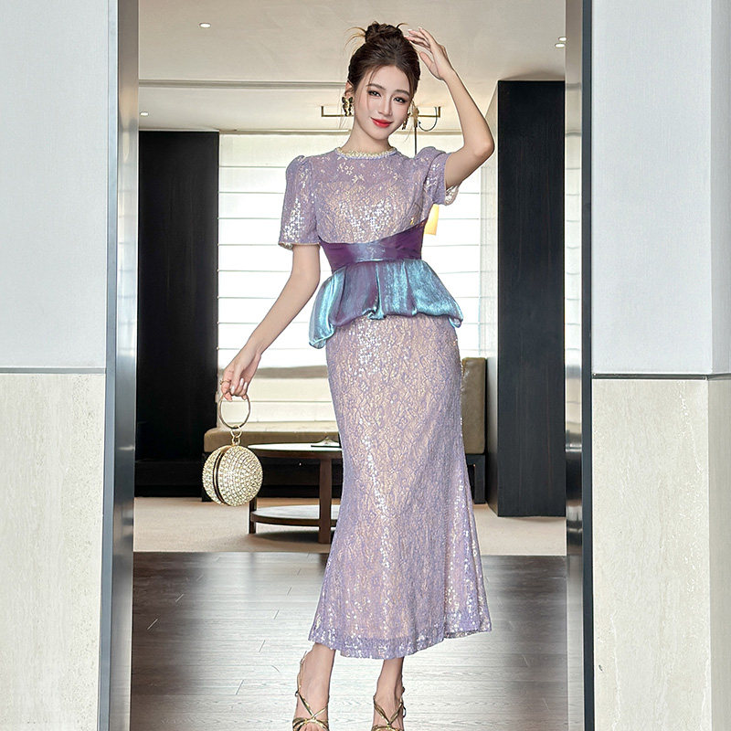 高端宴会名媛风鱼尾礼服长裙女过膝显瘦荷叶边拼接紫色亮片连衣裙