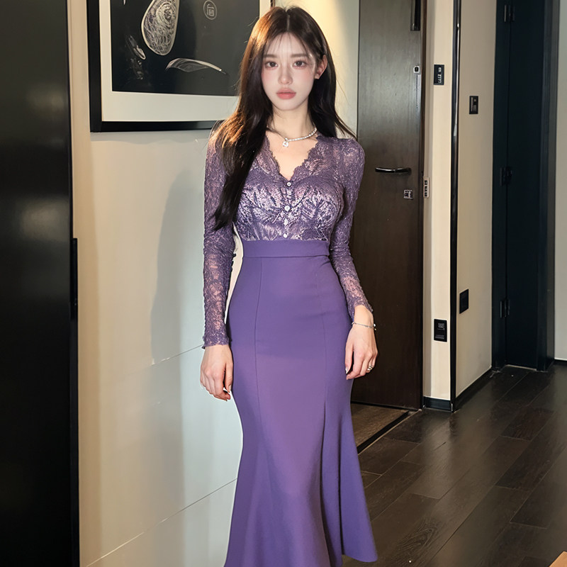 蕾丝小众奈安鱼尾连衣裙
