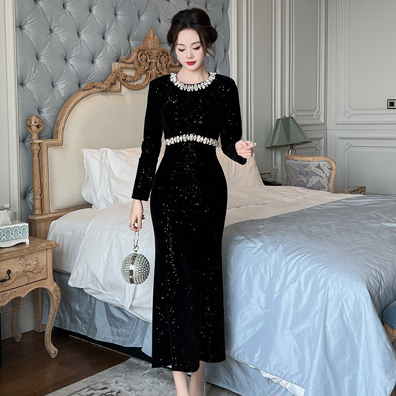时尚高定重工高级感鱼尾连衣裙女装法式长袖名媛风黑色宴会晚礼服