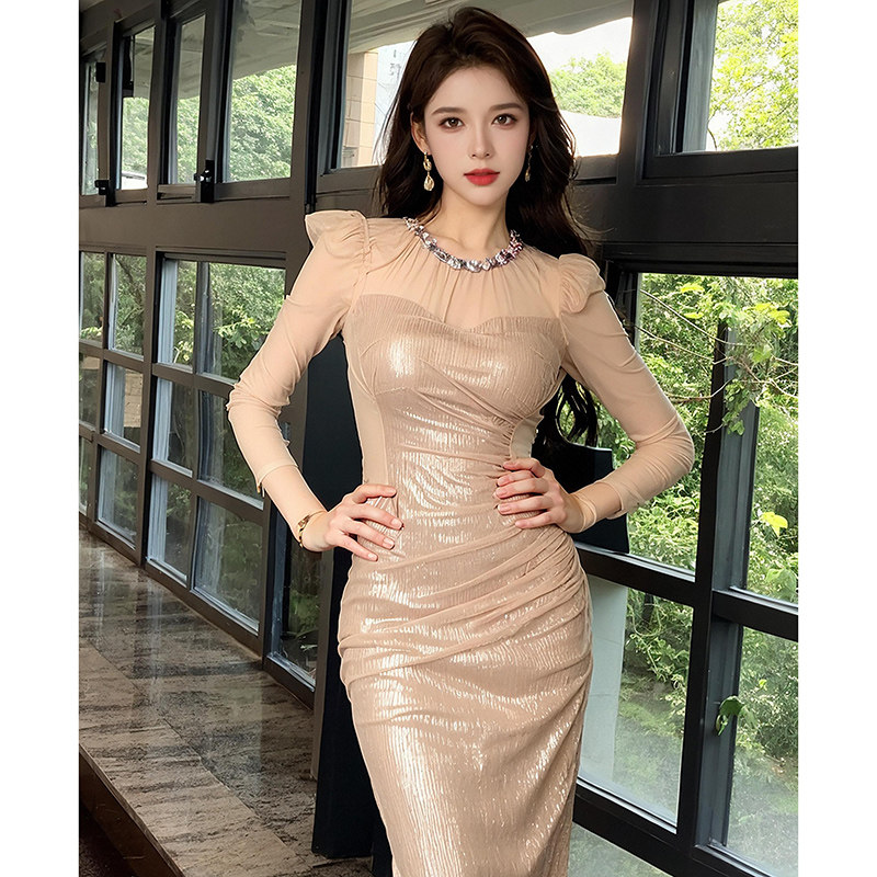 网纱拼接设计师款包臀连衣裙女装派对生日名媛风亮片显瘦修身裙子