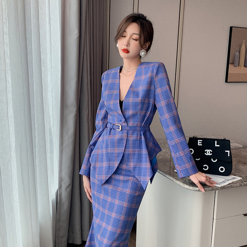 法式复古优雅轻奢套装裙子秋季时尚气质印花格纹西服半身裙两件套