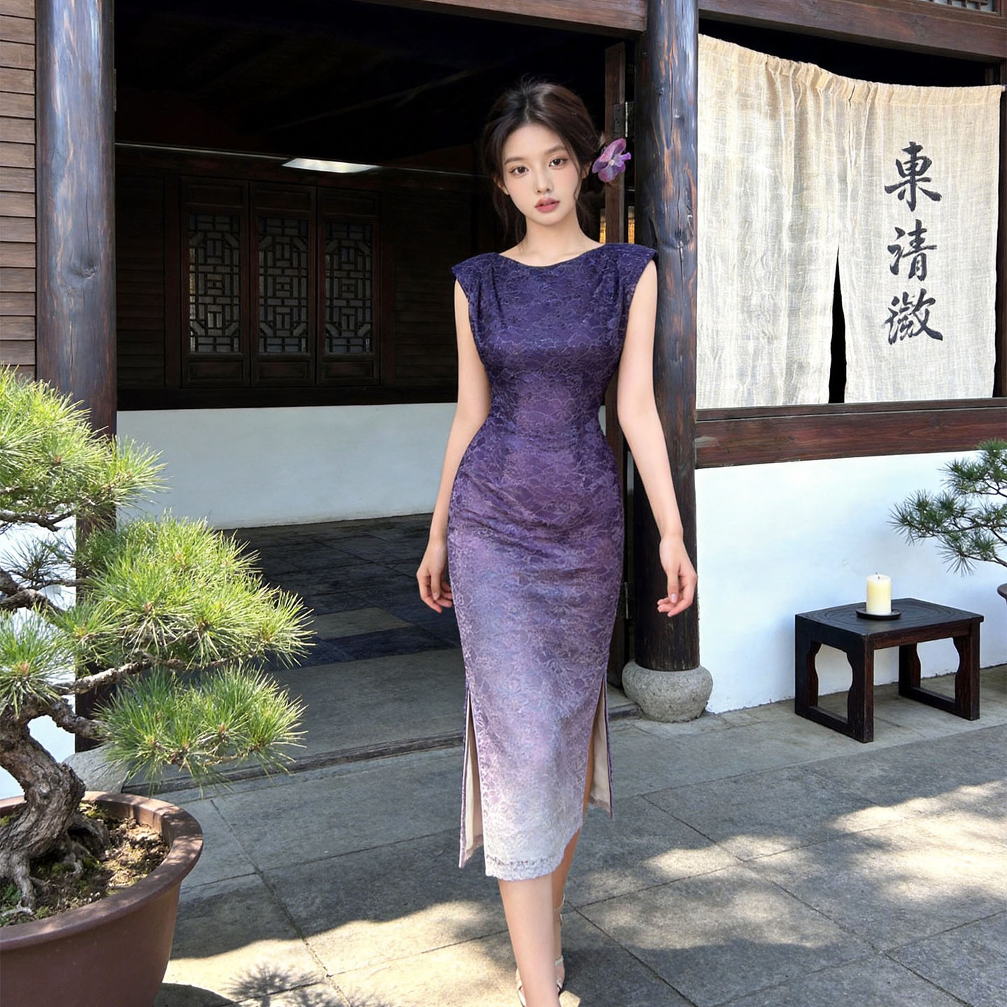 渐变紫色包臀无袖连衣裙