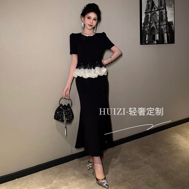 法式赫本风花边荷叶边鱼尾连衣裙高定轻奢显身材修身包臀长裙夏季