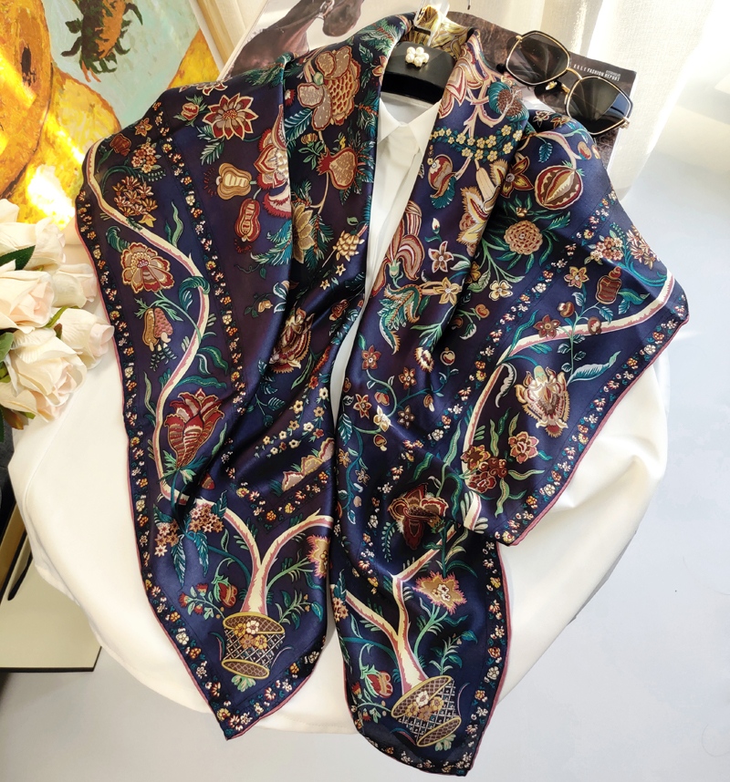 春秋欧美缎面印花真丝大方巾