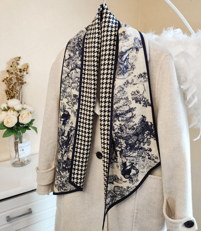 秋冬欧美大牌千鸟格双面印花百搭真丝羊毛围巾装饰领巾细窄长条