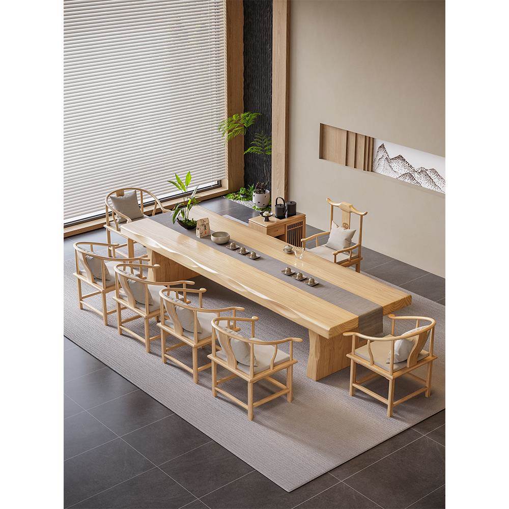 原木色大板茶台新中式实木茶桌椅组合一桌五椅办公室2025新款高端