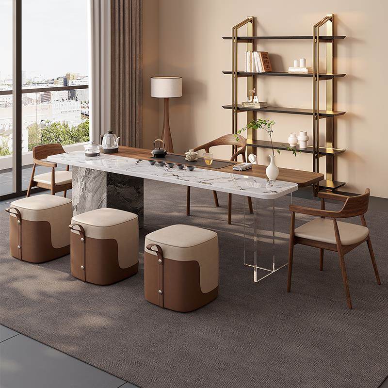 新中式岩板北美黑胡桃木茶桌办公室泡茶台意式轻奢高级感2025新款