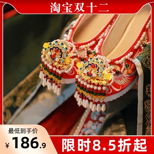 舞绣缘汉服鞋子女明制新娘结婚中式婚鞋红色串珠秀禾鞋平底绣花鞋