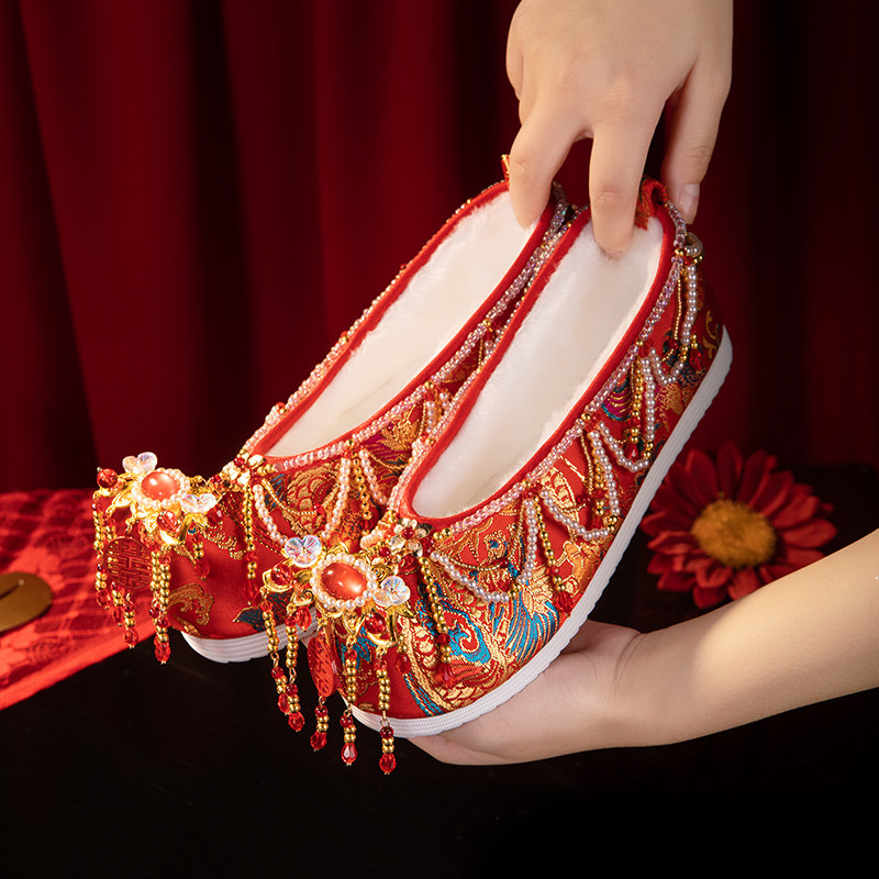 SANKENG GIRL WEDDING SHOES WINTER ORIGINAL NICHE LIGHT LUXURY HANDMADE VELVET WOVEN GOLD BRIDE WEDDING TASSEL HANFU EMBROIDERED SHOES