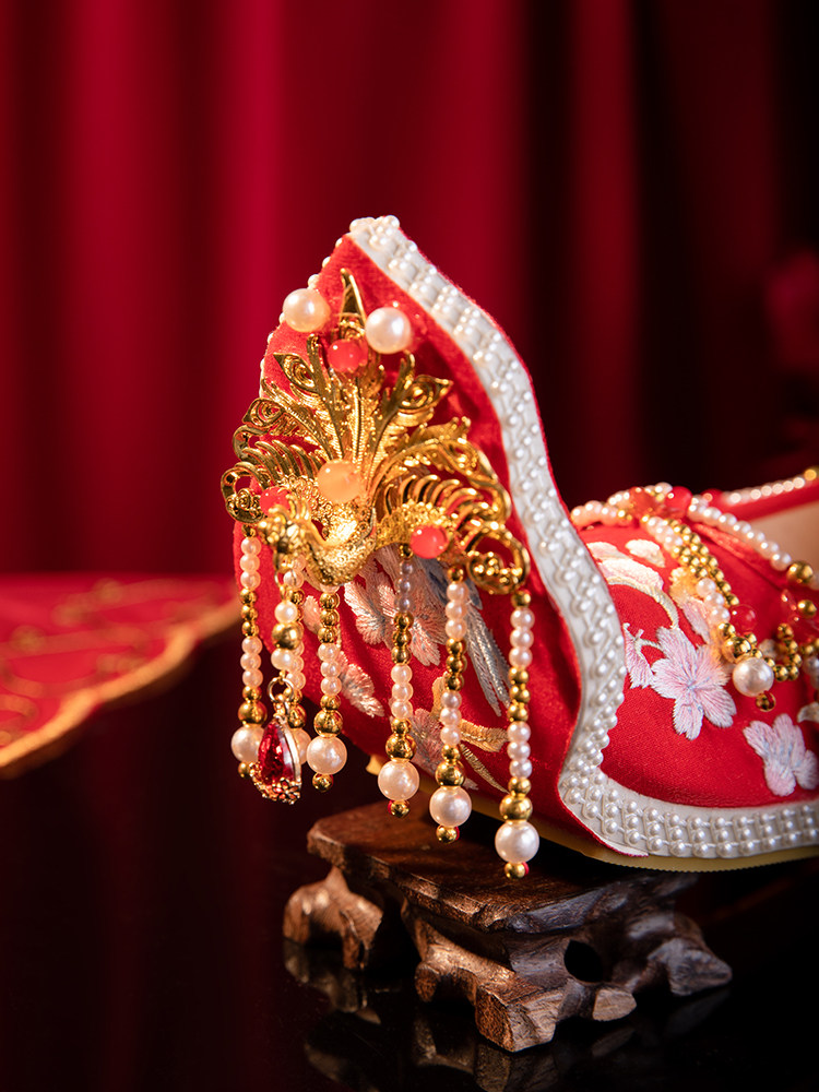 SANKENG GIRLS ORIGINAL WEDDING SHOES PHOENIX HEAVY INDUSTRIES HANDMADE CUSTOMIZED RED BAFFLE HANFU SHOES TASSEL BEADED BRIDAL SHOES