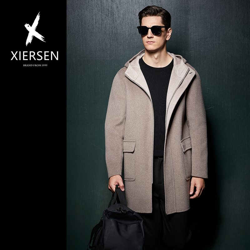秋冬欧洲站纯羊毛双面呢大衣男士中长款连帽风衣外套时尚休闲宽松