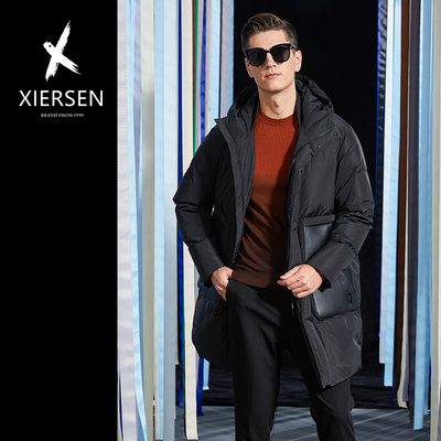 白鹅绒中长款真皮拼接羽绒服