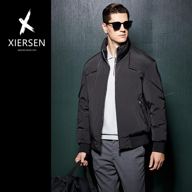 冬季欧洲站轻奢绵羊皮真皮装饰鹅绒立领羽绒服男短款时尚修身外套