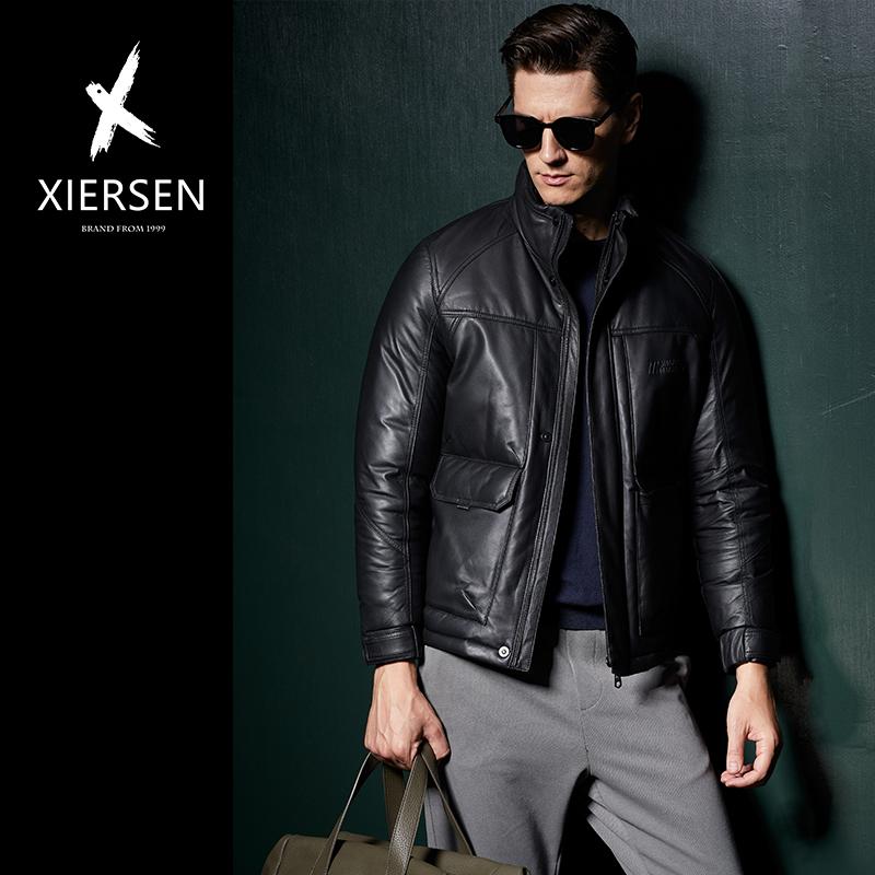 冬新款欧洲站轻奢真皮绵羊皮白鸭绒羽绒服男立领时尚休闲修身外套