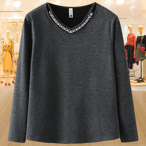 加绒加厚钉珠V领打底衫大码女装