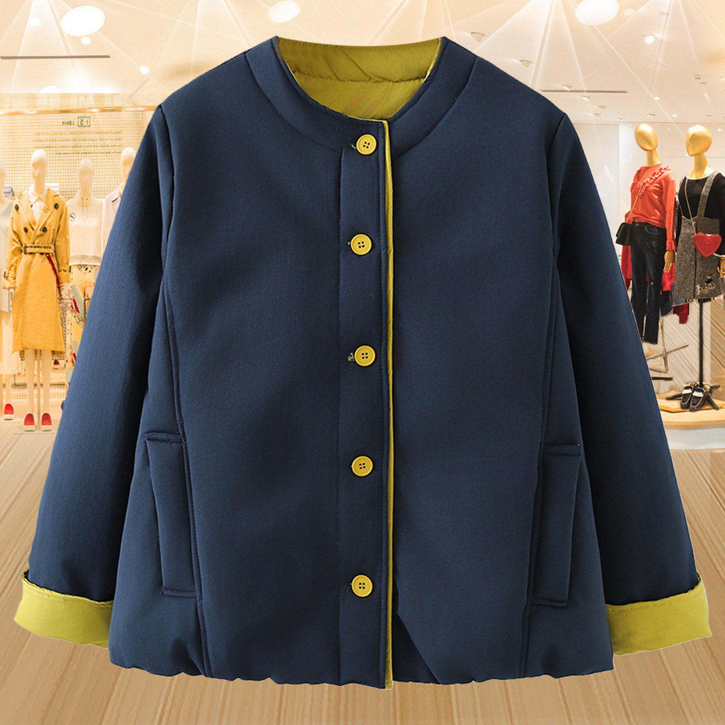 撞色拼接棉服女圆领单排扣大码宽松百搭时尚保暖棉衣外套妈妈棉袄,女装/女士精品,大码棉服,淘宝优惠券,粉丝福利购,淘宝优惠卷