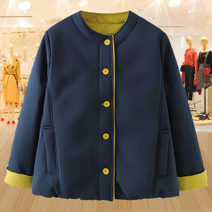 撞色拼接棉服女圆领单排扣大码 保暖棉衣外套妈妈棉袄 宽松百搭时尚