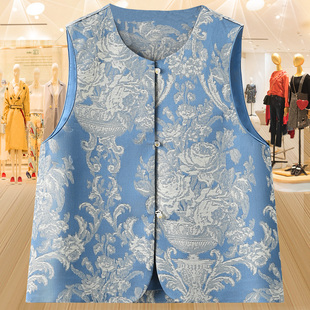 蓝色复古提花中式 青花瓷背心立领国风上衣外套女 马甲2025春秋新款