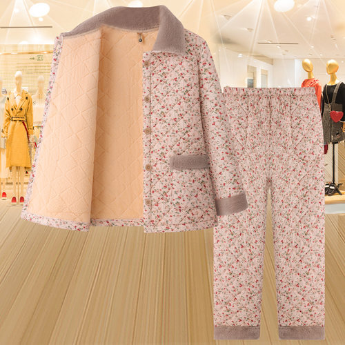 大码格子碎花加绒棉衣棉裤两件套