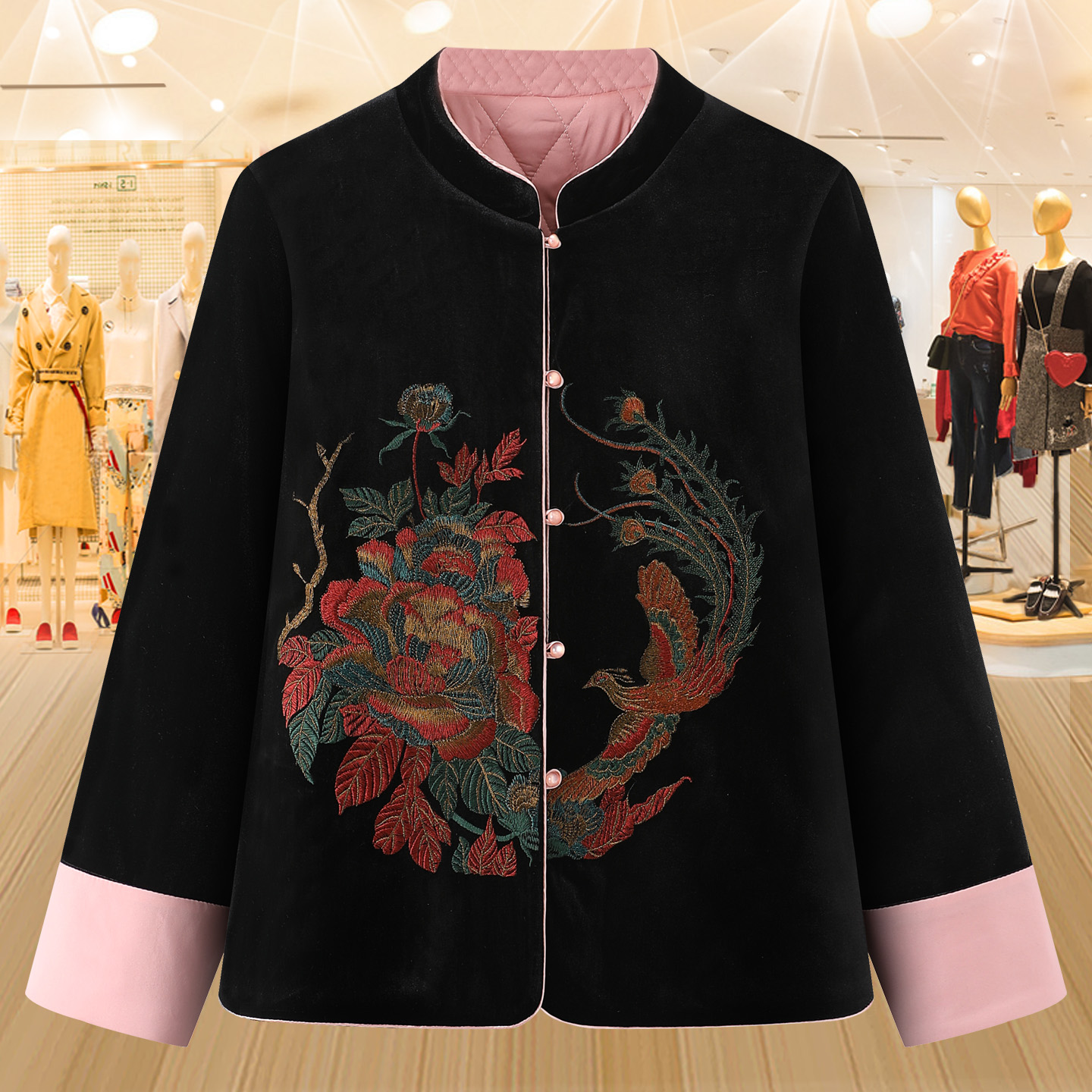 妈妈夹棉丝绒棉服重工刺绣棉衣女