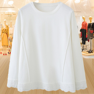 大码纯棉白色长袖T恤女春季新款胖mm显瘦宽松百搭蕾丝拼接上衣200