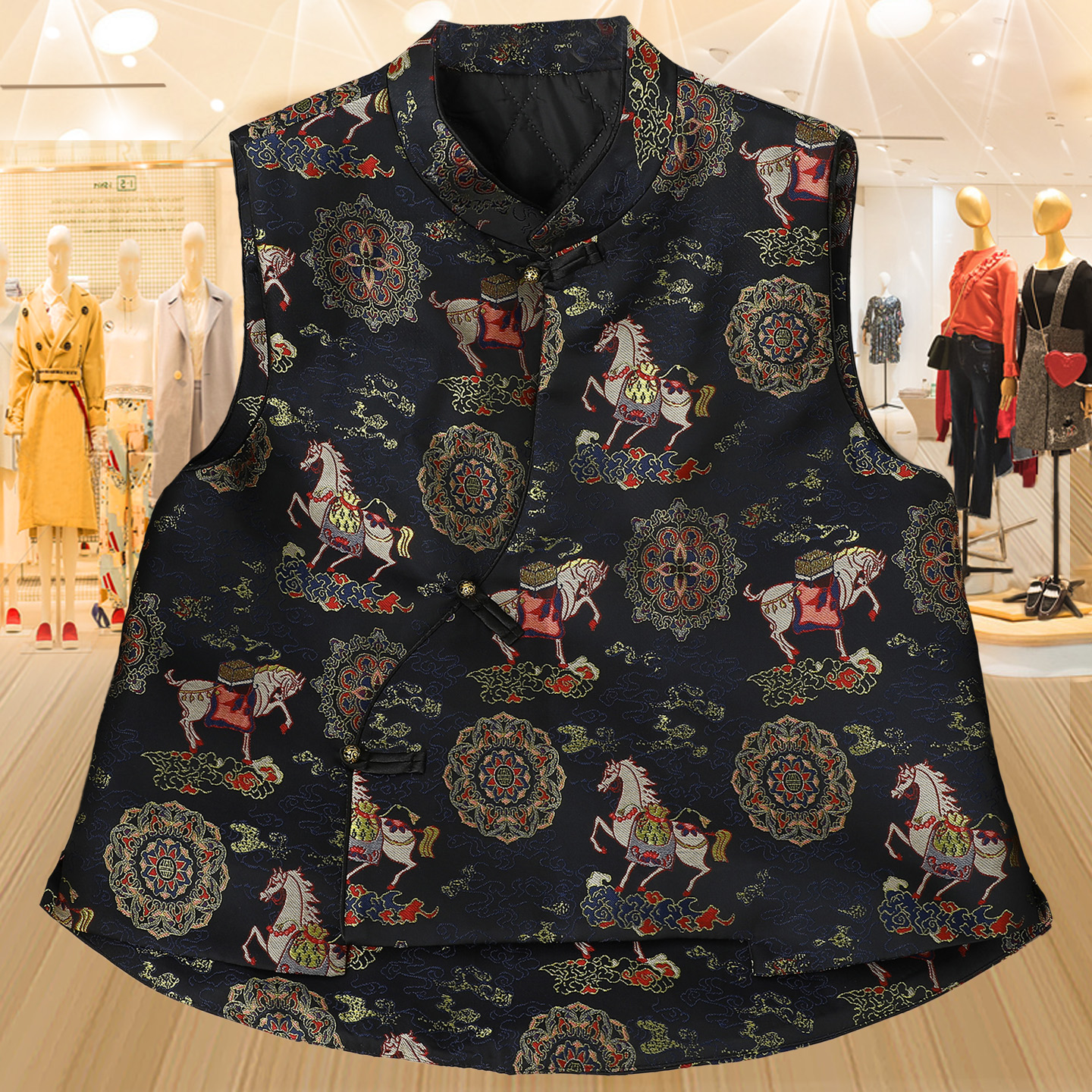 夹棉宋锦马上有钱提花马甲外套女