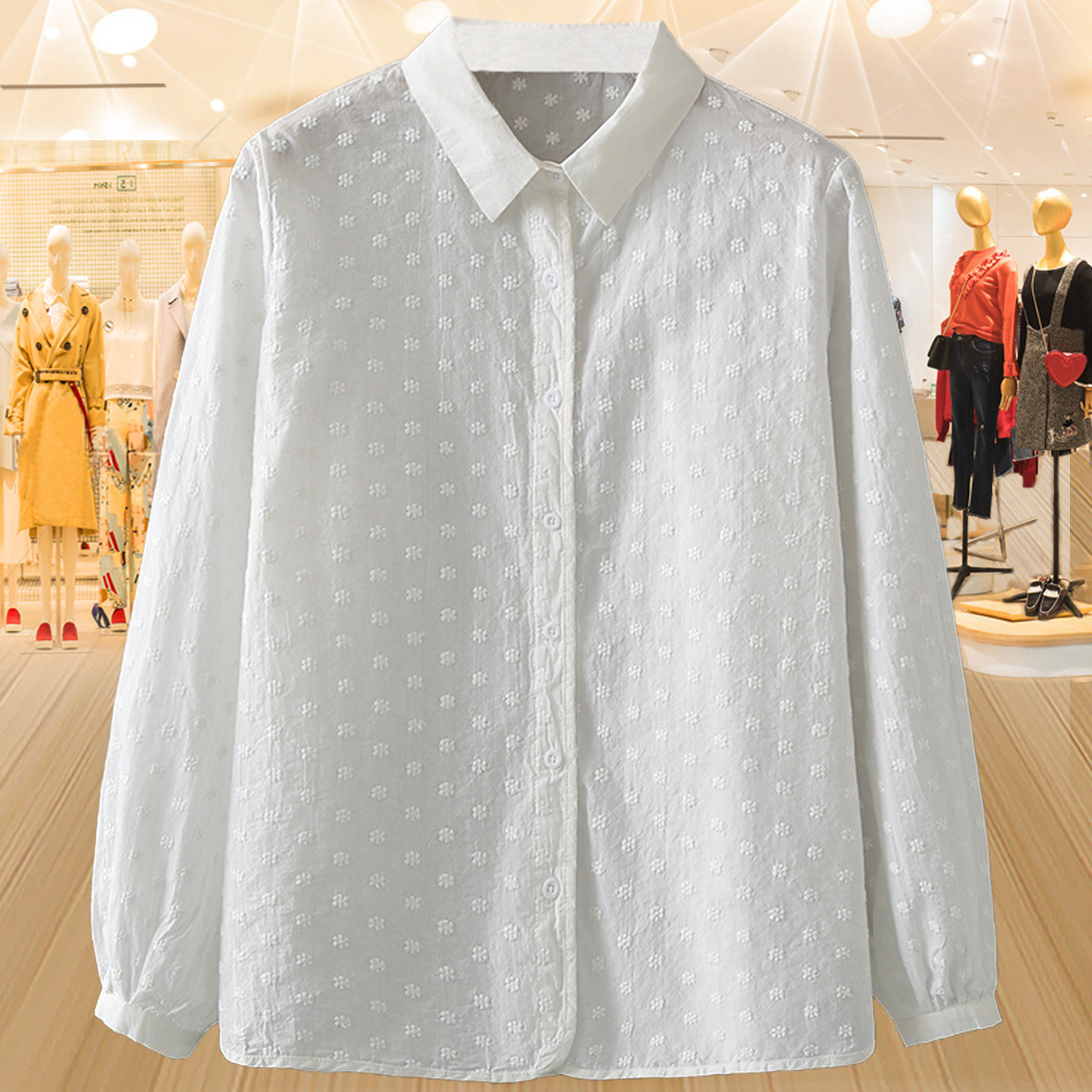 加肥加大码胖妈妈秋装纯棉白衬衫女宽松遮肚洋气刺绣长袖小衫上衣