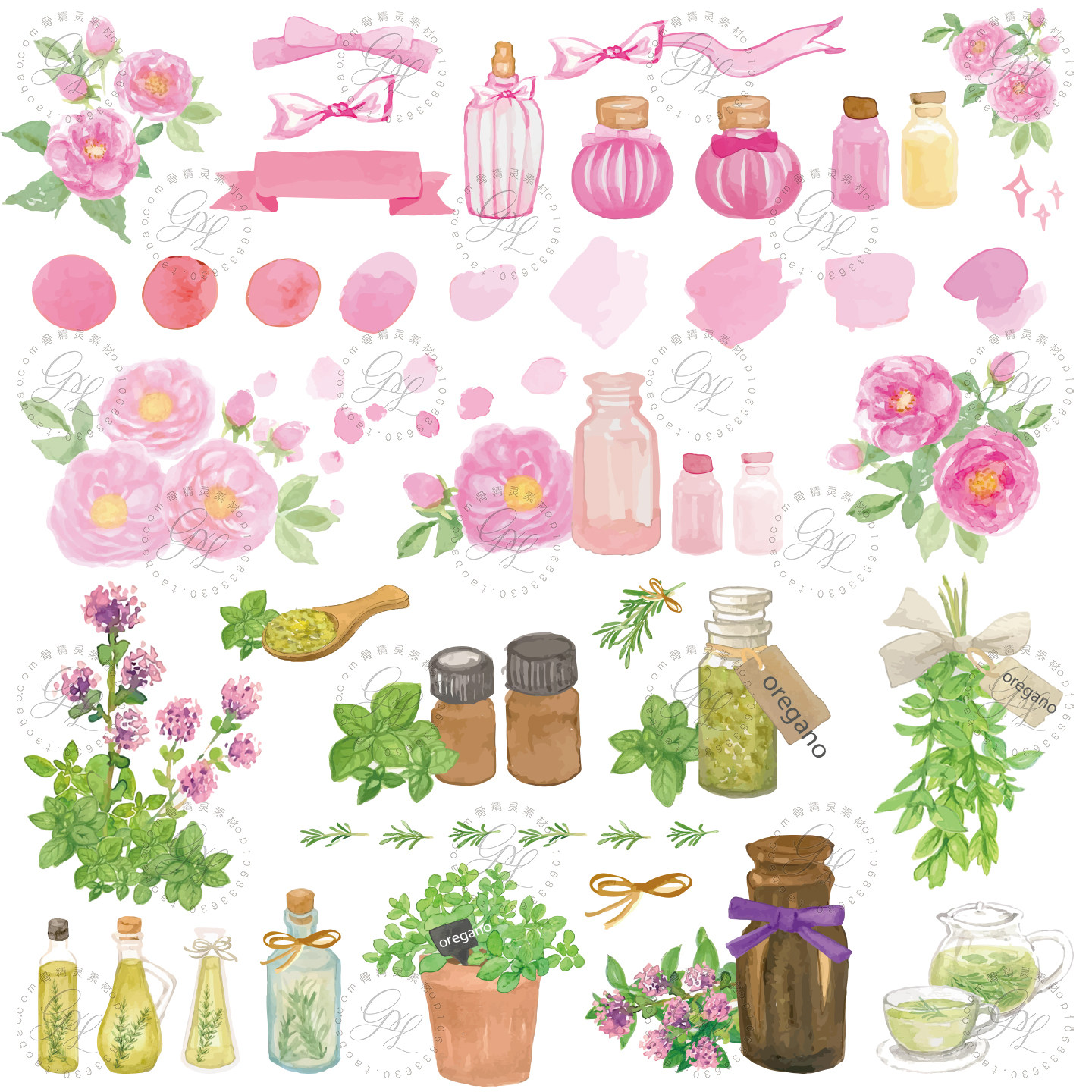 清新花卉植物精油香水化妆护肤品草本香料瓶AI矢量PNG设计素材,商务/设计服务,设计素材/源文件,淘宝优惠券,粉丝福利购,淘宝优惠卷
