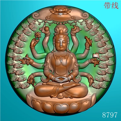 圆形千手观音菩萨编号8797浮雕精雕JDP灰度图BMPSTL格式挂件带线