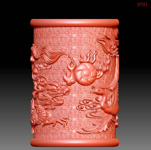 9791龙凤戏珠笔筒圆雕图3d打印模型三维立体图stl格式数据雕刻obj