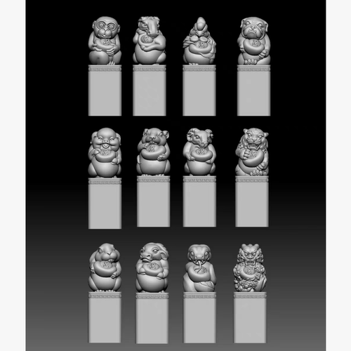 9422十二生肖印章圆雕图精雕图3D打印模型三维立体图STL仿古牌