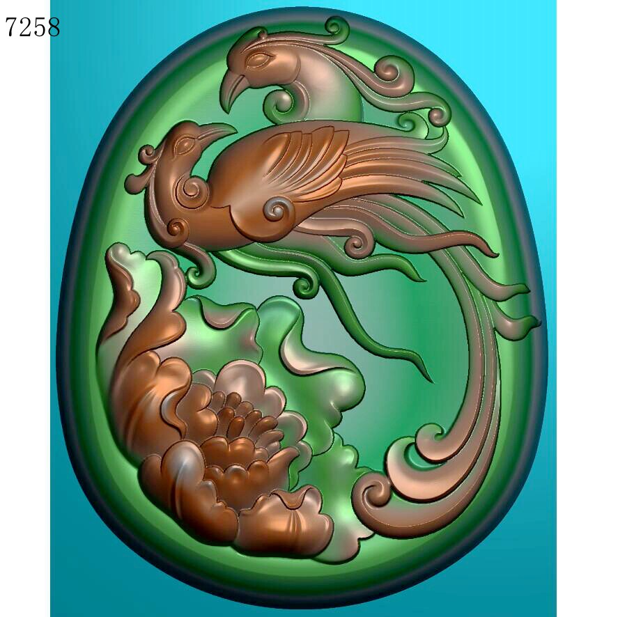 7258椭圆双凤凰牡丹北京精雕jdp灰度图bmp挂件图素材浮雕图