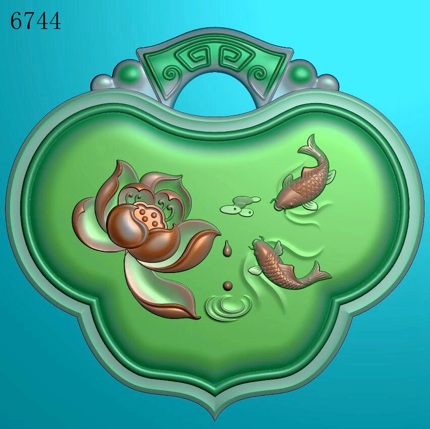 6744年年有鱼长命锁心形雕刻北京精雕图jdp灰度图挂件bmp浮雕图