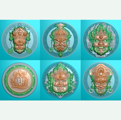 9809唐卡五色财神头像圆牌打包灰度图北京精雕JDPBMP挂件图浮雕图