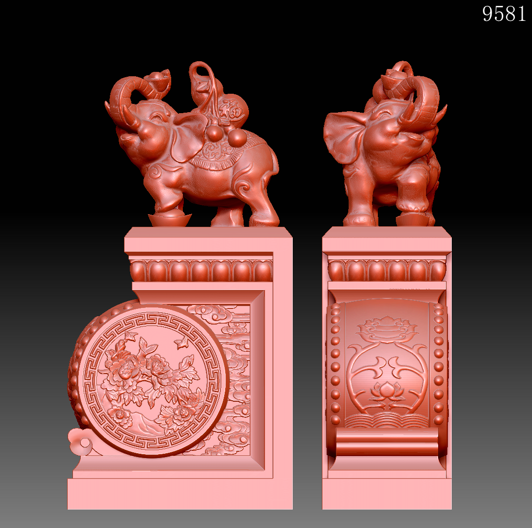 9581翘象牡丹门墩石雕圆雕图雕刻机3D打印素材STL格式模型图OBJ