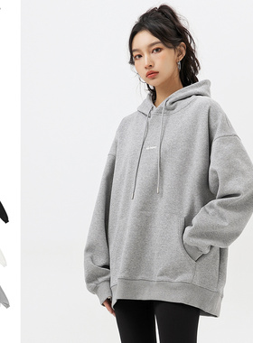 BasicPlan国潮牌字母百搭连帽卫衣男女宽松复古上衣情侣灰色外套