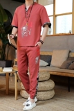 夏季风亚麻套装休闲棉麻短袖t恤唐装宽松汉服A438-2203-P65，男装T恤，电商A438