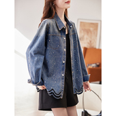 宝诗黎翻领烫钻牛仔衬衫 蕾丝拼接休闲百搭女装 外套2026春季 韩版
