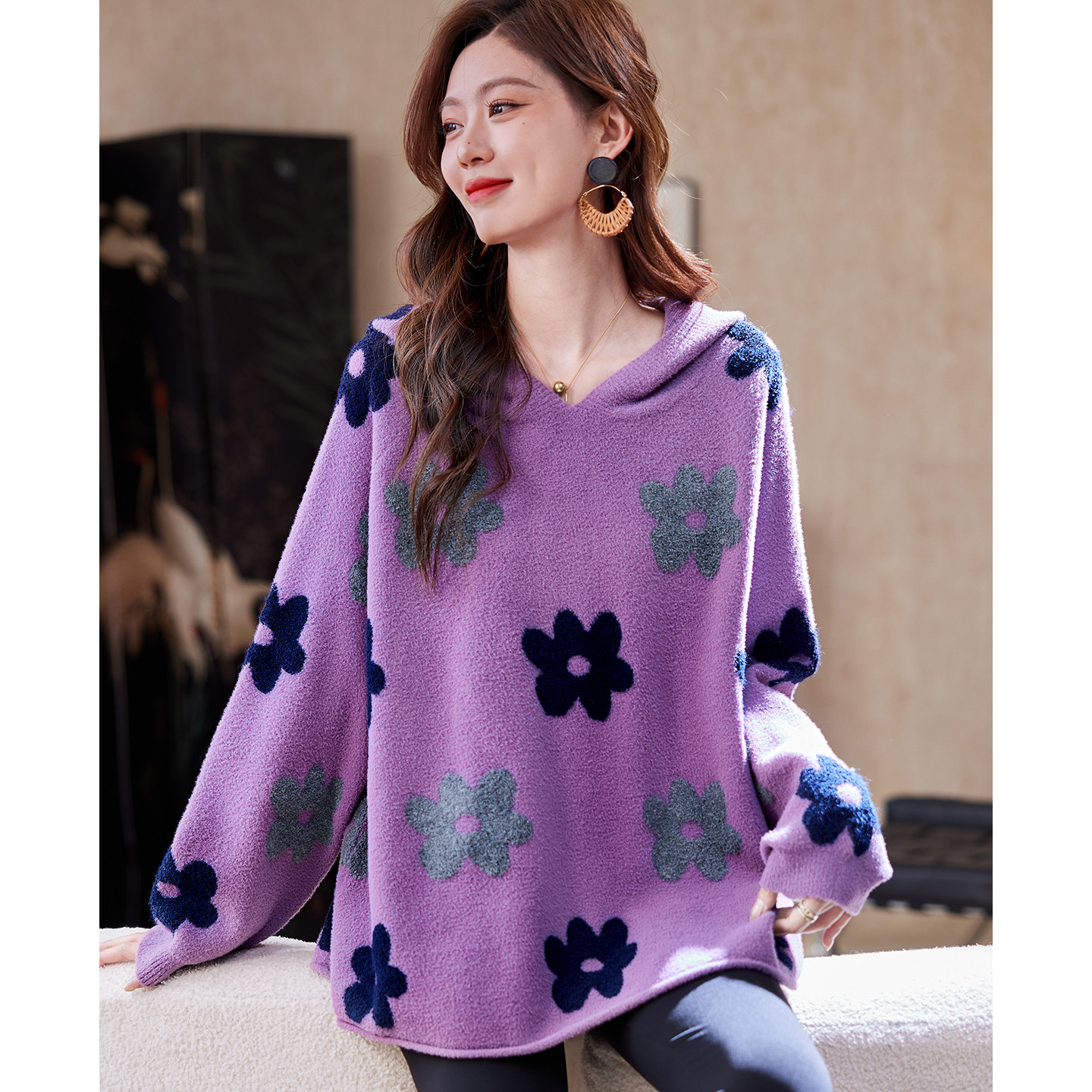 宝诗黎连帽提花慵懒毛衣