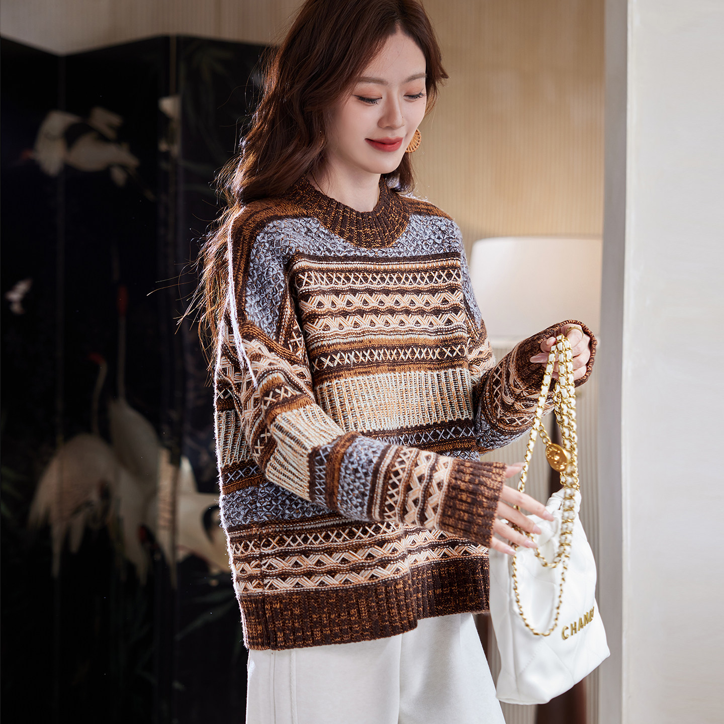 宝诗黎圆领条纹绵羊毛毛衣2026春季宽松慵懒百搭休闲复古针织衫女,女装/女士精品,毛衣,淘宝优惠券,粉丝福利购,淘宝优惠卷