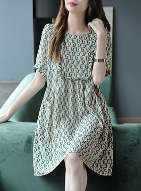 宝诗黎圆领绿色印花雪纺连衣裙2025新款拼接木耳边夏装薄款中长裙