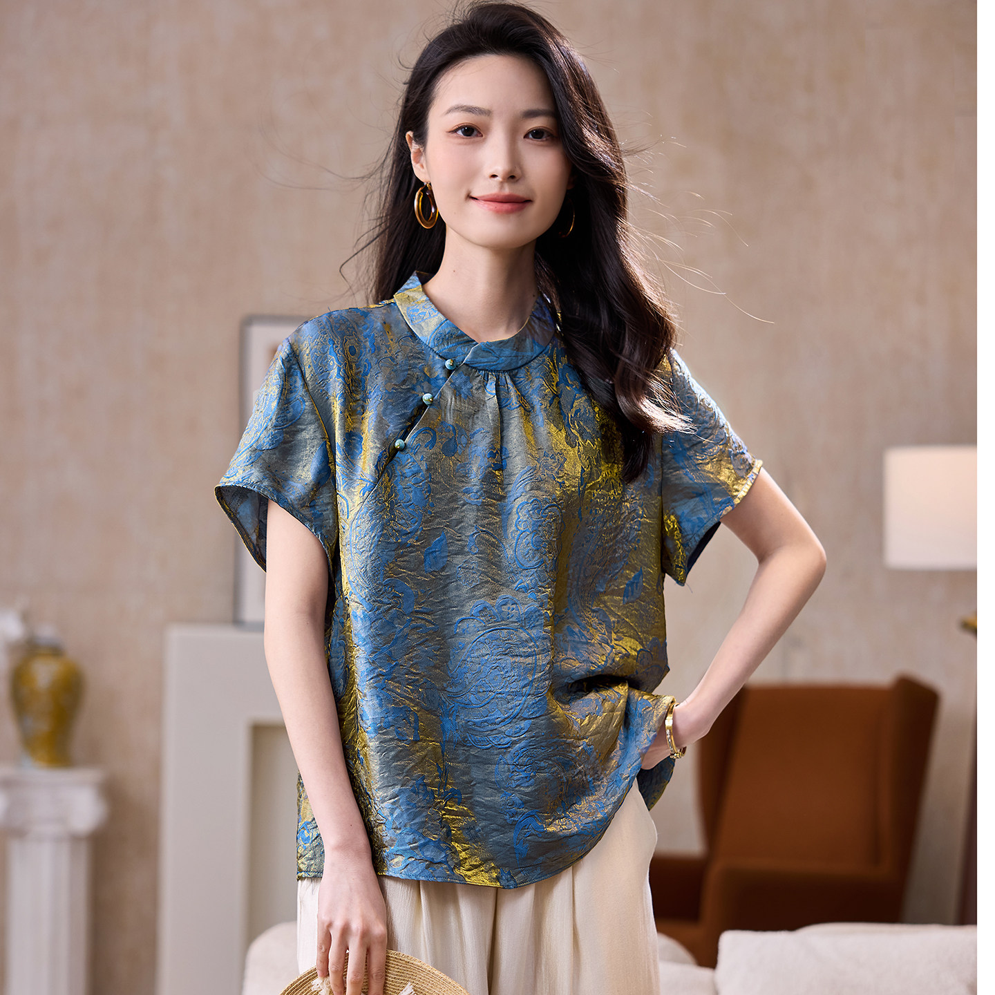 宝诗黎新中式提花短袖上衣女2026夏季气质时尚浮光锦宽松百搭小衫