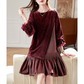 宝诗黎圆领拼接红色亮丝连衣裙2026春季 气质优雅显瘦长袖 休闲裙