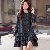 韩系气质时尚 宝诗黎木耳边植绒长袖 连衣裙2026春季 宽松休闲裙潮