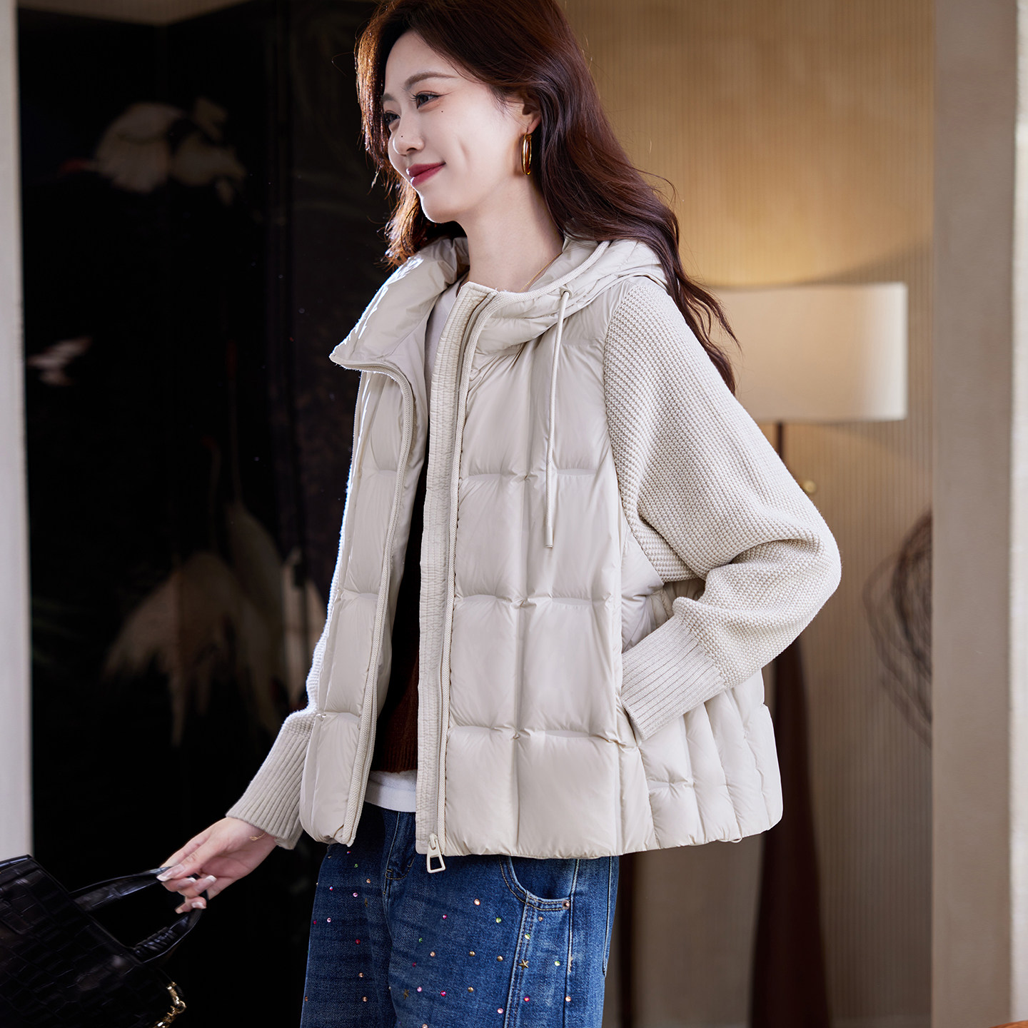 宝诗黎连帽针织拼接羽绒服女2025冬季韩版轻薄90白鸭绒休闲外套,女装/女士精品,羽绒服,淘宝优惠券,粉丝福利购,淘宝优惠卷