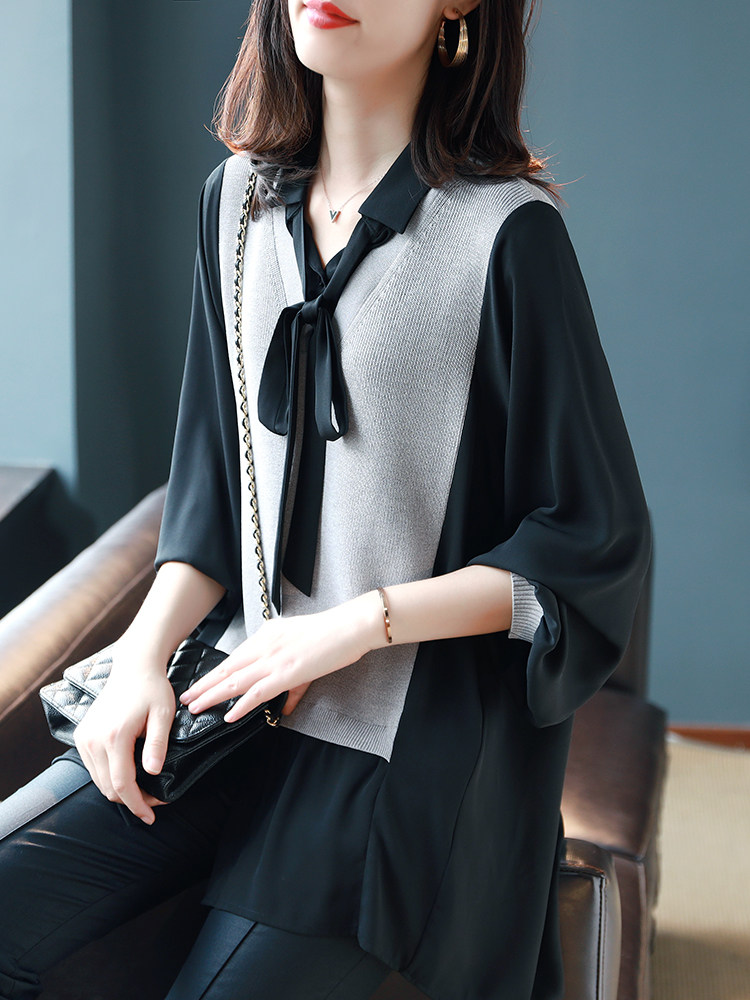 Baoshili fake two loose shirts Chiffon patchwork knitted long-sleeved shirt women's 2021 new foreign school spring top