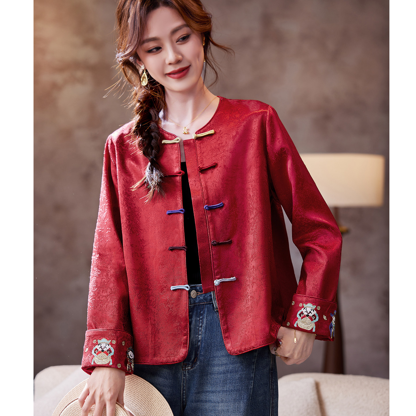 宝诗黎圆领刺绣盘扣红色外套2026春季洋气休闲新中式国风气质女装,女装/女士精品,短外套,淘宝优惠券,粉丝福利购,淘宝优惠卷